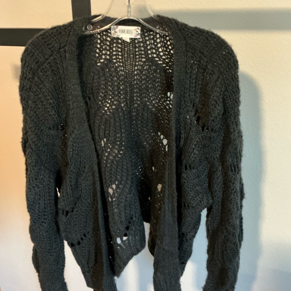 Pink Rose Black Open-Knit Cardigan